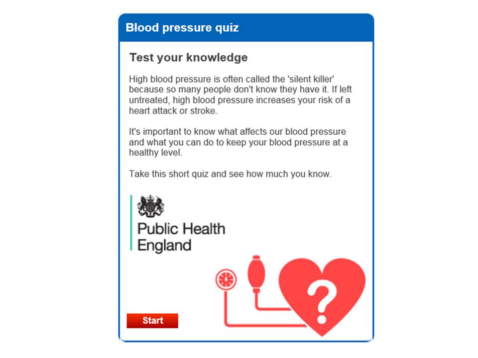 JamieWaterall's tweet image. Did you know that ↑BP is a major cause of death and ill health in England? Take our blood pressure quiz nhs.uk/Tools/Pages/bl… @NHSChoices