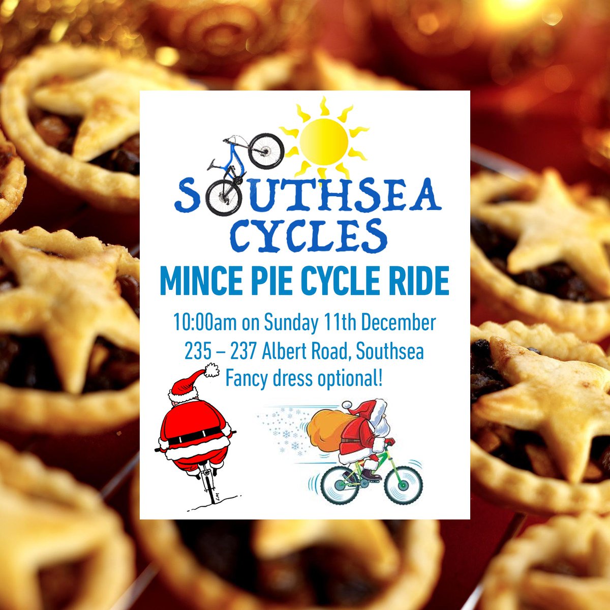 TeamLocals's tweet photo. Southsea Cycles are hosting a ride around Portsmouth, lasting around 1.5 hours and ending at Hunter Gatherer for a mince pie and a cuppa! 🎄 https://t.co/OteFDEyl4S