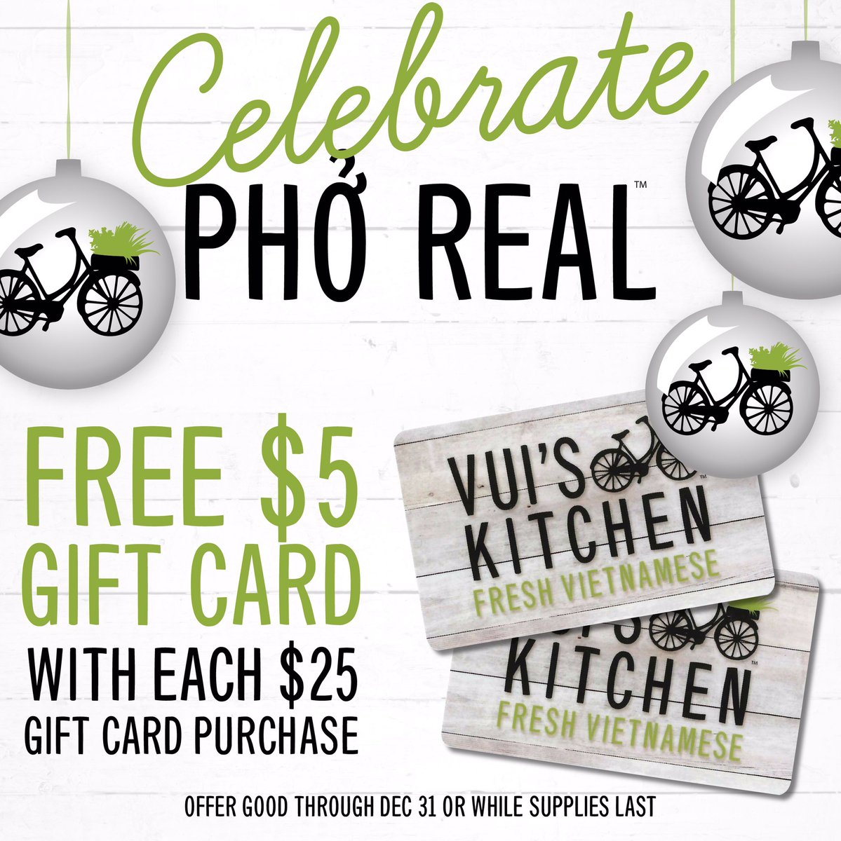 Our gift card sale starts now! Receive a $5 bonus card for every $25 gift card you purchase. This offer is available through 12/31!