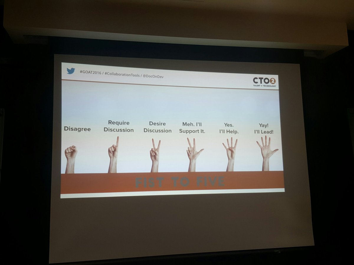 simbourk's tweet photo. #collaborationtools @DocOnDev #Goat2016 fist of five. A tool that sparks comversation https://t.co/L9evjWOrXU