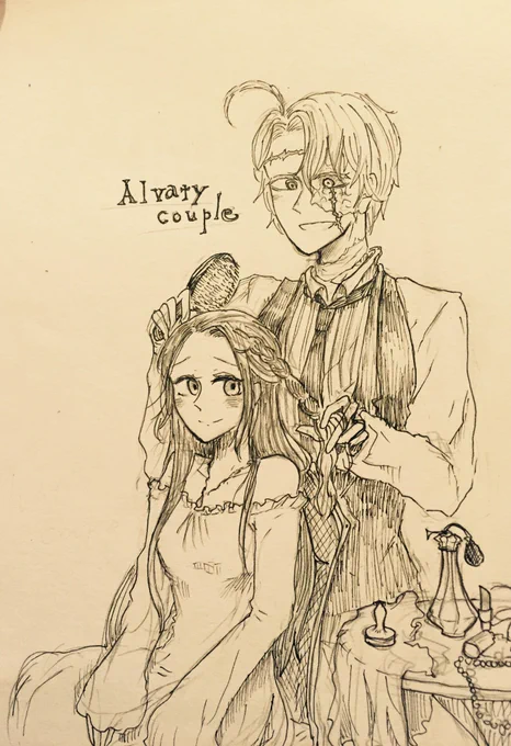#いい夫婦の日なのでお宅の夫婦紹介して下さい
 #創作男女クラスタいい夫婦の日2016 
アルヴァーティ夫婦。嫉妬深く妻を溺愛するサイコキラーの夫ファントムと無表情レディ、フロー。一方通行に見えるがなんだかんだ両思い。 