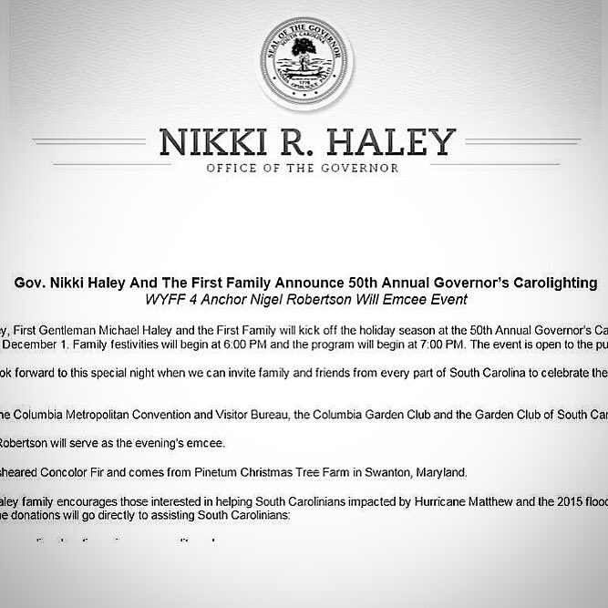 I am once again... HONORED to have been asked by Gov. <a href="/nikkihaley/">Nikki Haley</a> to emcee the 50th Annual Governor's Carolighting.  #thankful