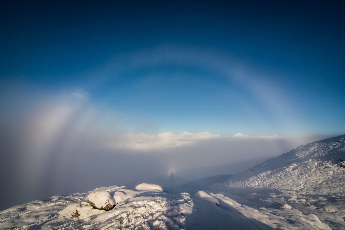 VisitScotland's tweet photo. *rubs eyes* 😮 Wow! A magical Brocken Spectre AND a fog bow! 🌈 📷 FB/Fox in the snow photography | Beinn a'Chrulaiste #Scotland #ScotSpirit https://t.co/a866KCzBjf