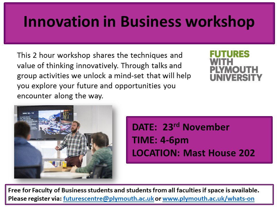 Students! Learn how to Innovate in Business, free 2hr workshop Wed 23rd 4pm ow.ly/MWBZ306q9yD <a href="/PlymUni/">University of Plymouth</a> <a href="/PlymouthES/">Igniting Enterprise</a> <a href="/PlymUniBusiness/">Plymouth Business School</a>