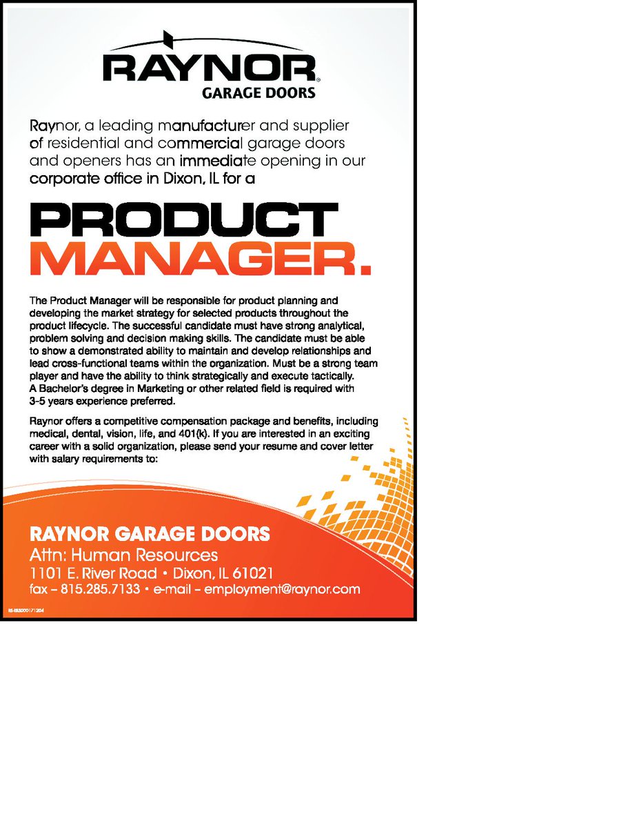 RockRiverJobs's tweet photo. Raynor Garage Doors is looking to hire a Product Manager. https://t.co/d99KK2c99C