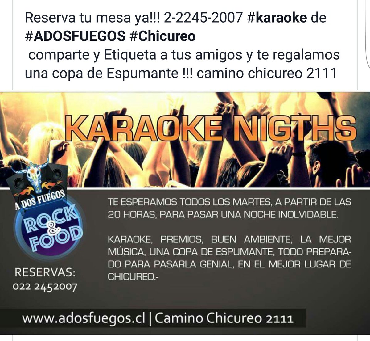 adosfuegos's tweet photo. Hoy y todos los martes de noviembre y diciembre no te pierdas el mejor #karaoke de #chicureo en #ADOSFUEGOS 🎶🎙🔥🐮🔥🎶🍾 con @zoolander71 https://t.co/i0EhCdVZA4