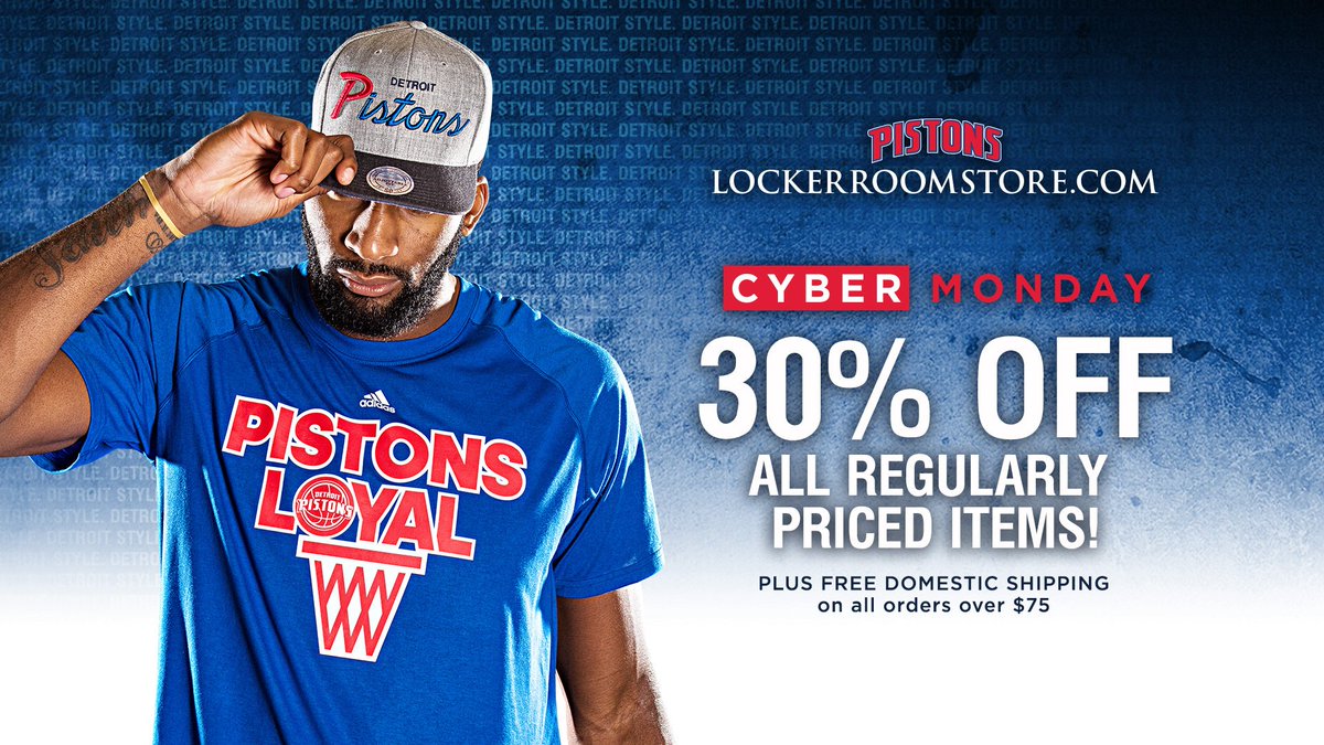 Cyber Monday is here at bit.ly/PistonsLRCyber…!  Use code CYBER30 to save on regularly-priced gear. #DetroitStyle https://t.co/ZQcgD04Quo