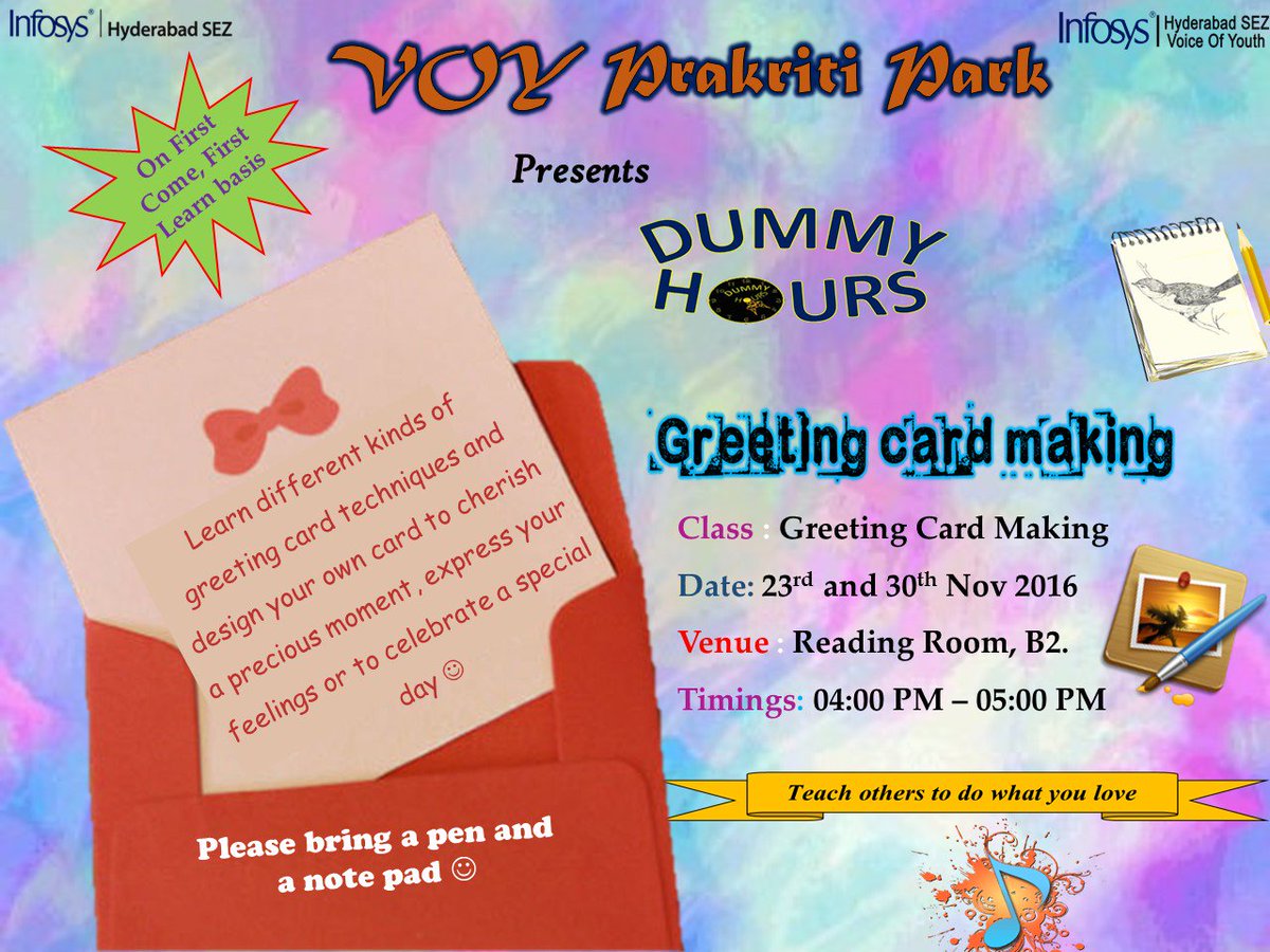 VOYPrakritiPark's tweet photo. Wanna surprise ur special ones? Learn & make personalised greeting cards for them all by yourself at #DummyHours #HYDSEZ #VOY #SmartInfyHyd https://t.co/TbvpzFs0xr