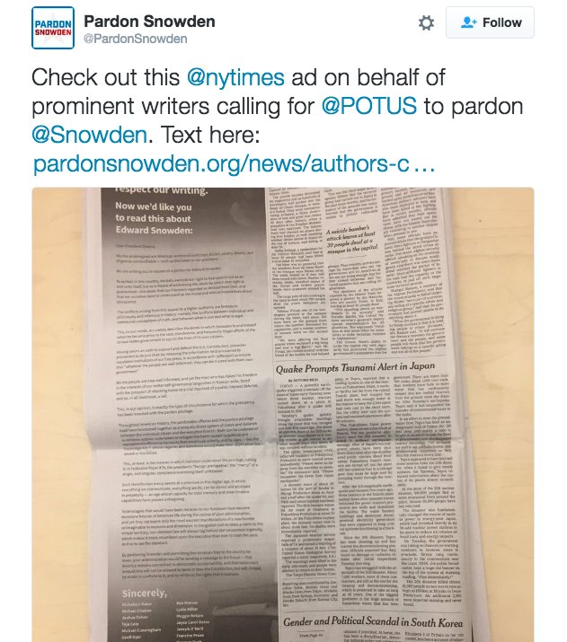 ajplus's tweet photo. "Your administration would be sending a message to the future."

30 American writers call for Pres Obama to pardon Snowden in @nytimes ad. https://t.co/8coa2IeEMH