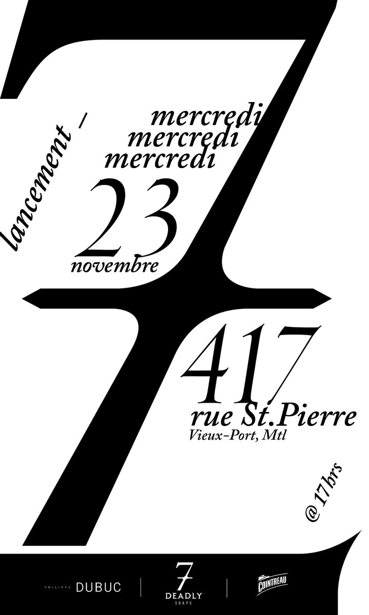 soirée de lancement!
 Mercredi 23 Novembre 
 7 Deadly Soaps
 417 St-Pierre 
 17h...