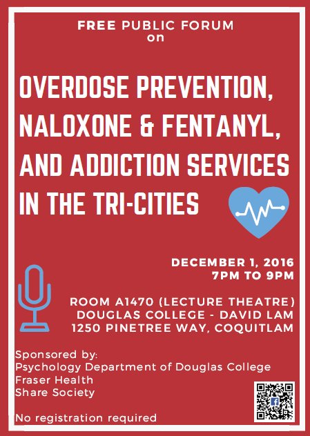 Free public forum on #overdose prevention, #naloxone, #fentanyl &amp; addiction services in #TriCities. Dec 1, 7-9pm. See poster for details.