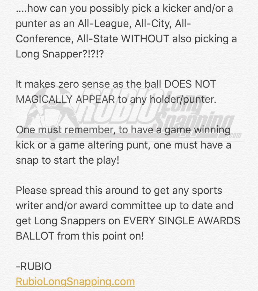 TheChrisRubio's tweet photo. For the love of all that is holy &amp; I can't believe I have to keep saying this, an awards list WITHOUT a Long Snapper on it is irrelevant.... https://t.co/unvT9ZWr8y