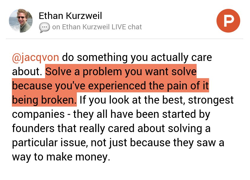 ProductHunt's tweet image. "Solve a problem you want solve because you've experienced the pain of it being broken." –@ethankurz producthunt.com/live/ethan-kur…
