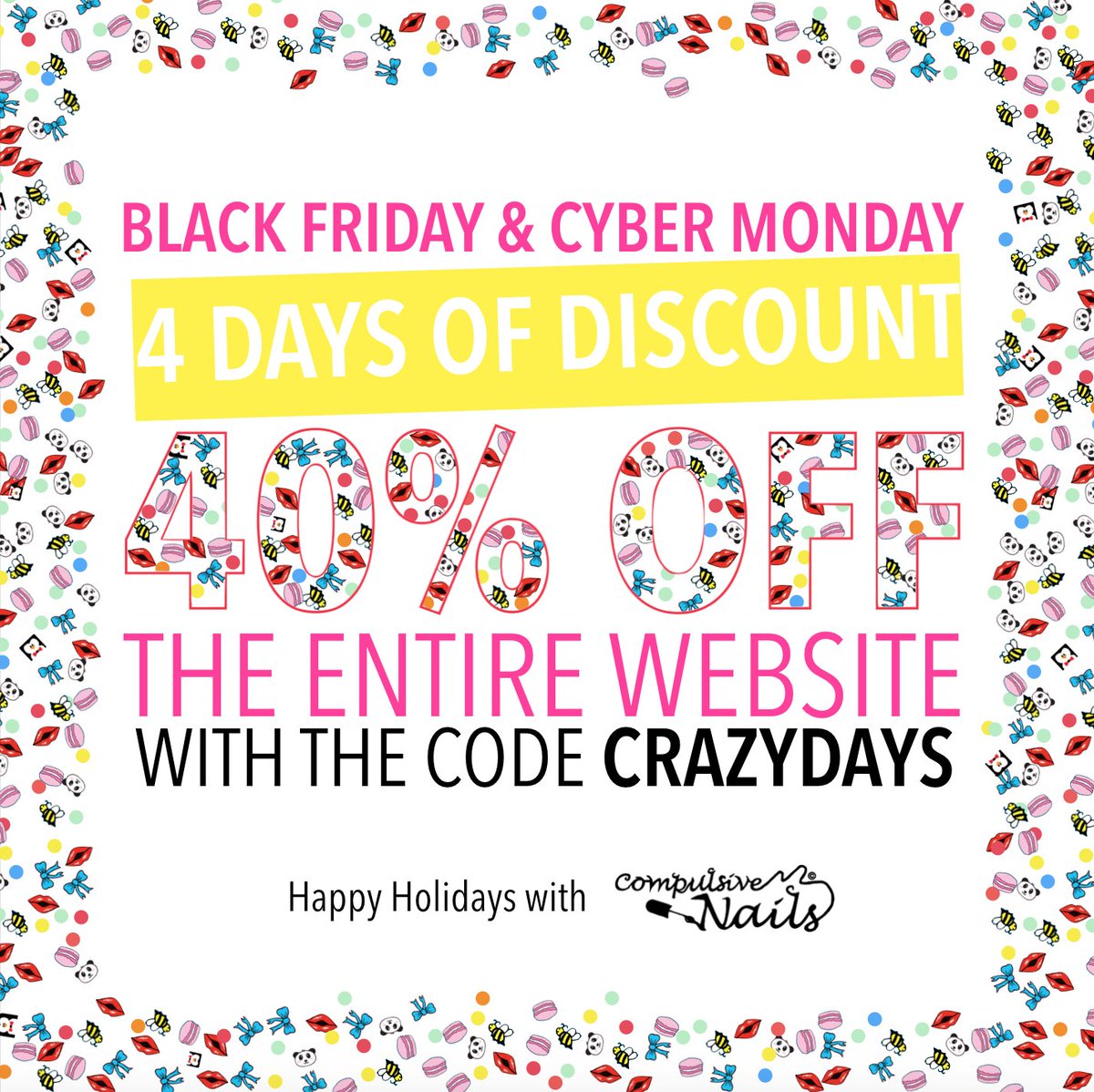 CompulsiveNails's tweet image. Be ready for 4 DAYS OF DISCOUNT this weekend!
Happy Holidays from Compulsive Nails ❤️
#nails #nailart #BlackFriday #CyberMonday