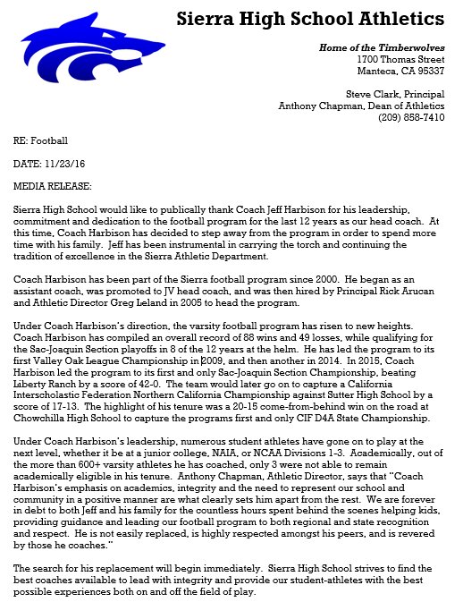 Football: Special thanks to Coach Jeff Harbison for his leadership and commitment to Sierra High School and our #StudentAthletes!