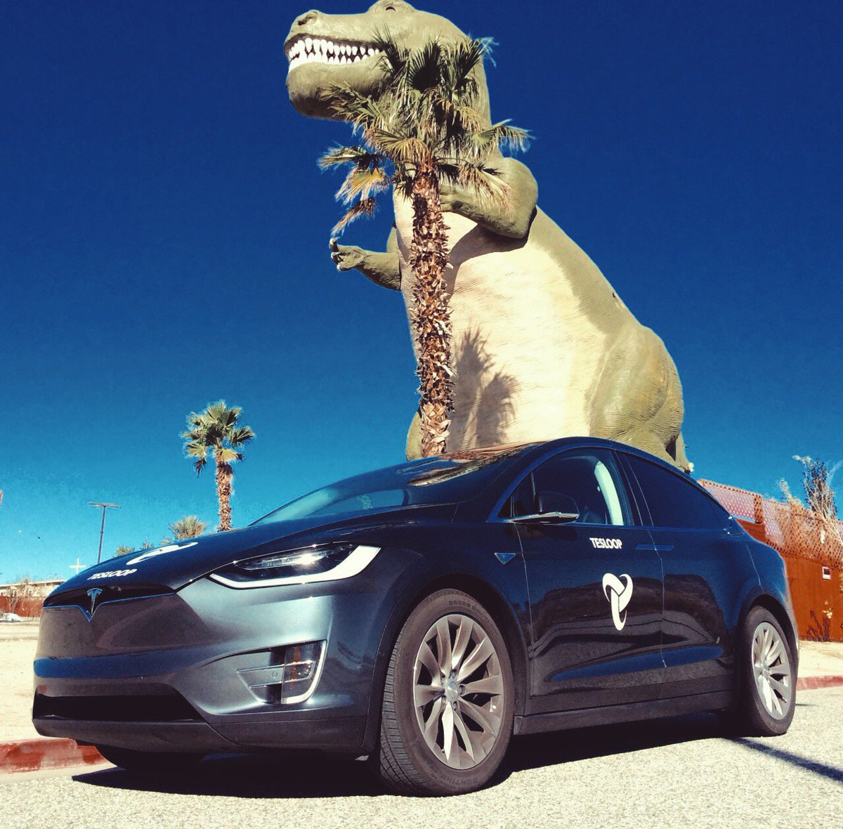 tesloop's tweet photo. Rex the Model X hanging out with Mr. T-Rex in Palm Springs #Teslove #LikeNoPlaceElse #VisitGPS #Rexloop #TravelTuesday https://t.co/dFtsb49KHS
