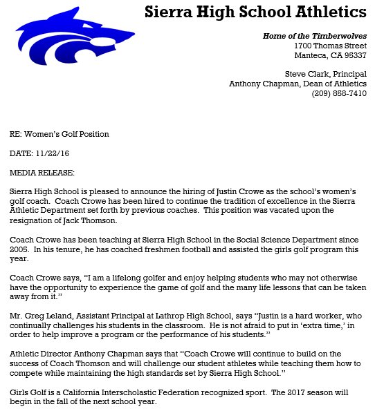 Womens Golf: Congrats to Coach Justin Crowe for being selected as the next coach of our womens golf program! Release below.