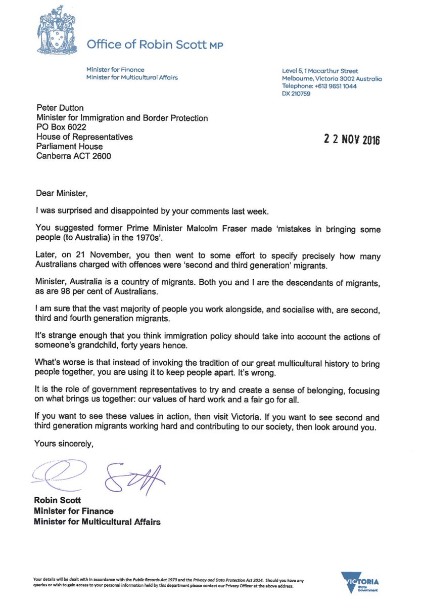 RobinScottMP's tweet image. Australia's great multicultural tradition is to bring people together. @PeterDutton_MP way is wrong &amp;amp; I sent him this to explain why #auspol