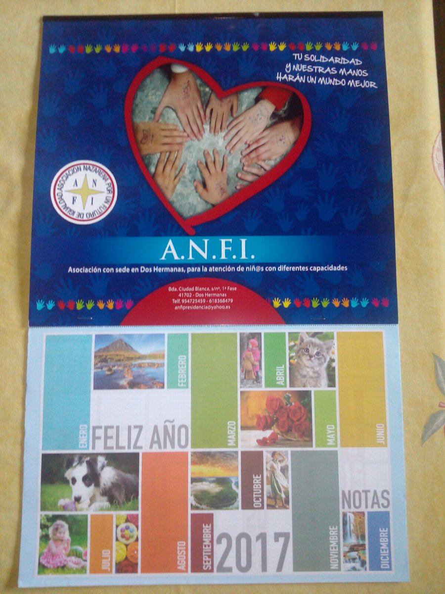 ANFI_dh's tweet photo. Calendarios benéficos 2017 a la venta en nuestra asociación #ANFI por sólo 2€. Tu solidaridad y nuestras manos harán un mundo mejor #sumate https://t.co/KlANYChxmk