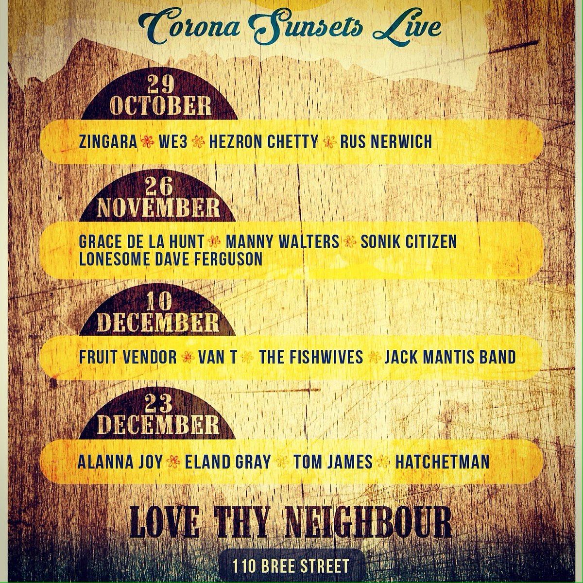 Sat 26th 4pm 110 Bree st <a href="/bierandwein/">WeinHaus+BierGarten</a>  #lovethyneighbor <a href="/GracedelaHunt1/">Grace de la Hunt</a> <a href="/_LonesomeDave/">Dave Ferguson</a> <a href="/MannyWalters/">Manny Walters</a> <a href="/sonikcitizen/">Sonik Citizen</a>