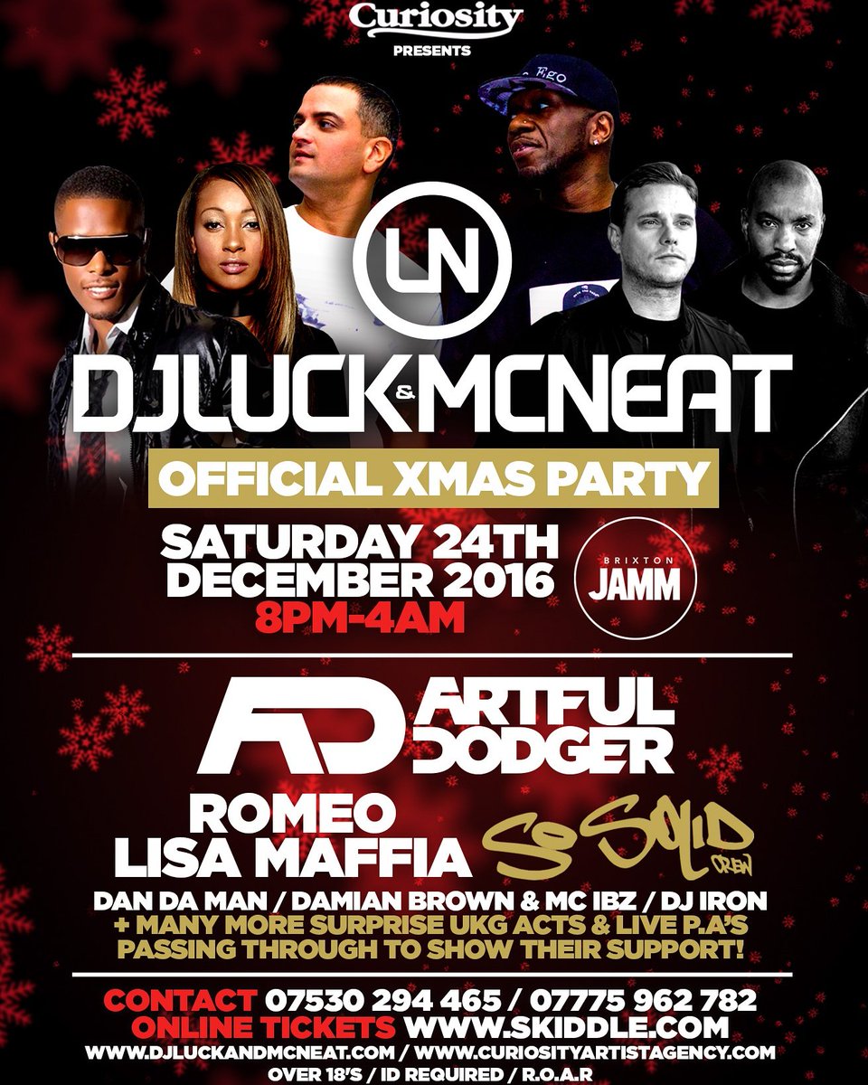 DJ Luck & MC Neat (@lucknneat) on Twitter photo Official Xmas Party <a href="/brixton_jamm/">Brixton Jamm</a>! Sat 24th Dec w/ @ArtfulDodgerDJ <a href="/RomeoLondon/">Romeo</a> <a href="/Lisamaffiauk/">LISA MAFFIA</a> & More! Tix: skiddle.com/e/12876238 π
π²π Official Xmas Party <a href="/brixton_jamm/">Brixton Jamm</a>! Sat 24th Dec w/ @ArtfulDodgerDJ <a href="/RomeoLondon/">Romeo</a> <a href="/Lisamaffiauk/">LISA MAFFIA</a> & More! Tix: skiddle.com/e/12876238 π
π²π