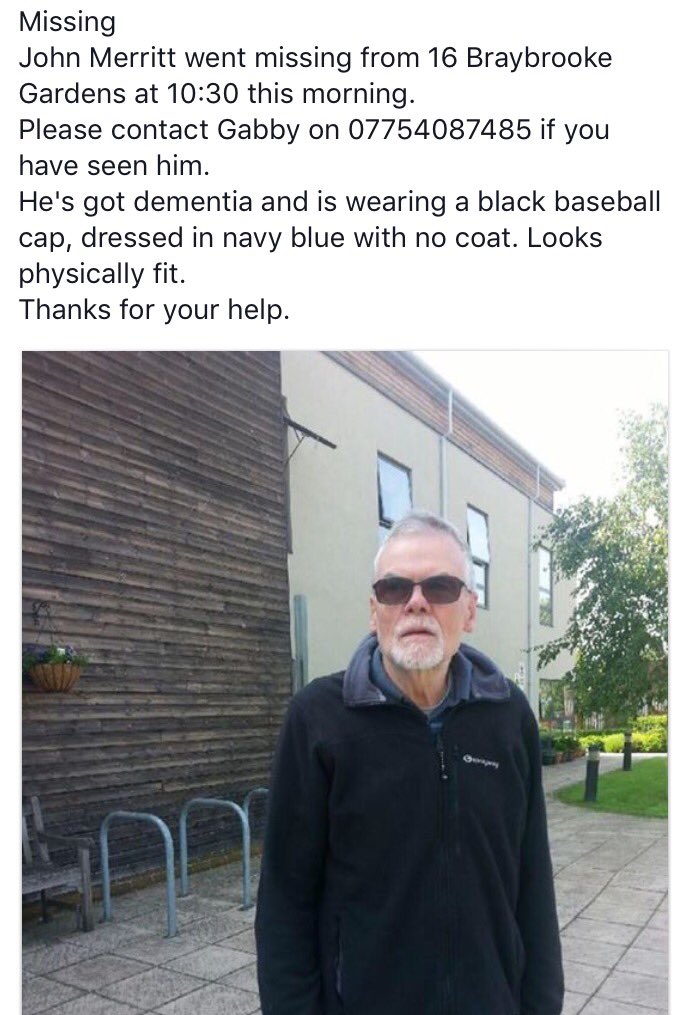 My friend's uncle is missing in the <a href="/LOVESE19/">Crystal Palace SE19</a> area. Please keep an eye out.