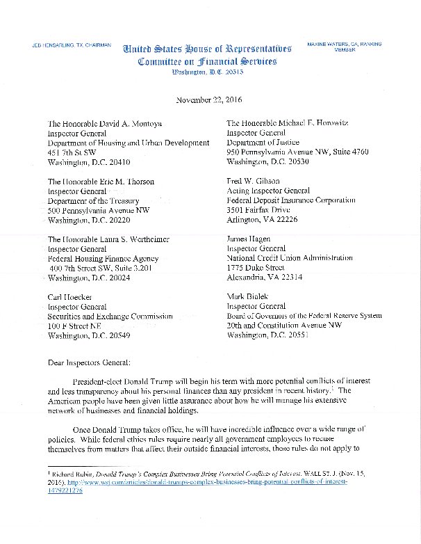 kylegriffin1's tweet image. Top Dems on House Financial Services Cmte sent a letter to HUD, DOJ, &amp;amp; financial services agencies to go after Trump's potential conflicts: