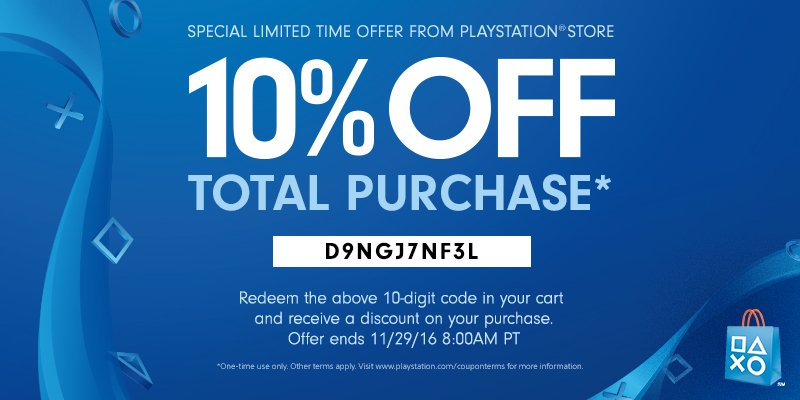 PlayStation Canada on Twitter: "Until Nov. 29, use this coupon code for 10% off in the PlayStation Store! https://t.co/wikEBc89lj Terms: https://t.co/7rNBHnr37y" / Twitter