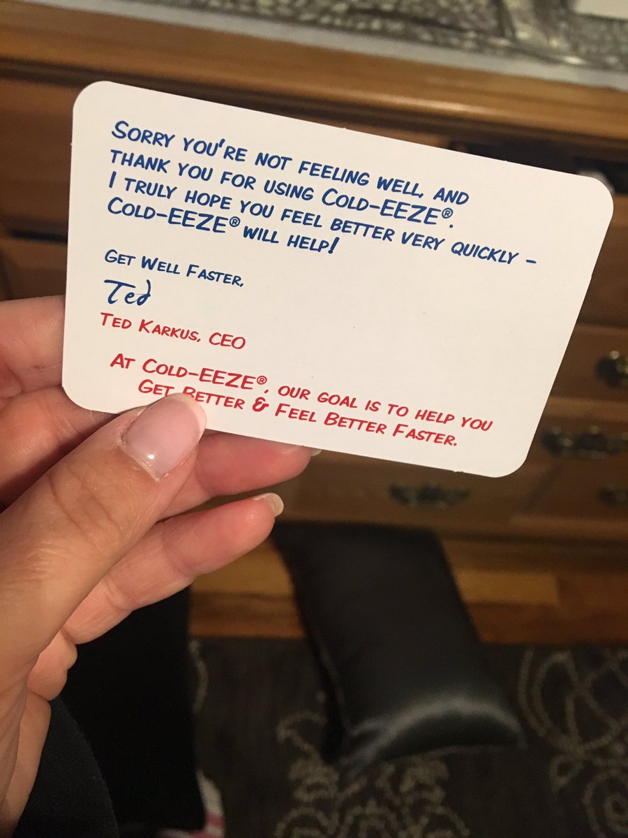 Megs1491's tweet photo. You know you are sick when a note from the cold-eeze CEO makes you emotional. #whatgreatcustomerservice #coldeeze https://t.co/TSzeJnoDTO