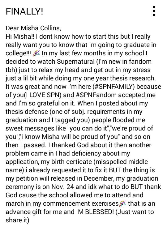 mischakrushnic's tweet image. Dear @mishacollins,
🎓📩❤
FINALLY!
-@MishaCollinsPH_