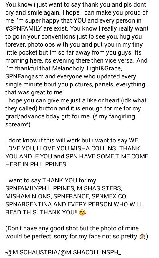 mischakrushnic's tweet image. Dear @mishacollins,
🎓📩❤
FINALLY!
-@MishaCollinsPH_