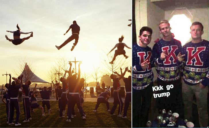 NYDailyNews's tweet photo. POOR SPIRIT: University of Kansas cheerleaders suspended after spelling “KKK” with sweaters https://t.co/ynrcIYm1WY https://t.co/fUM0AsUEvc