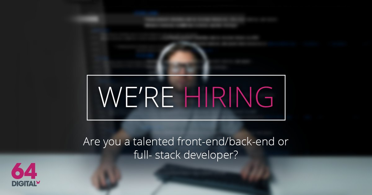 64Digital's tweet image. We're Hiring! - Junior and Senior developers - Front end (HTML/CSS/JS/Angular) and Back end (C#/ASP.net/SQL) experts needed.