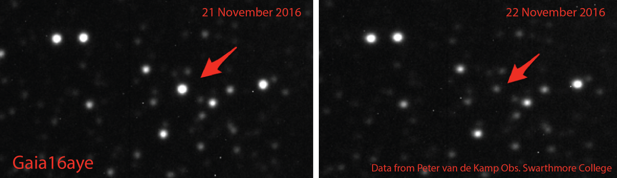 elnjensen's tweet photo. What a difference a day makes!  #Gaia16aye fades dramatically as caustic crossing part of microlensing event ends.  #GaiaMission https://t.co/cWX1fIIyOd