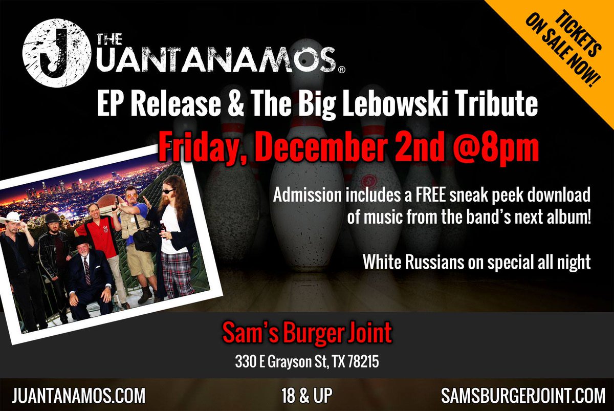 juantanamos's tweet photo. Get your tix to #TheBigLebowski tribute - 12/2 @SamsBurgerJoint + a FREE sneak peek of music from our next album! https://t.co/Wyjy6QRTv1 https://t.co/3rHfkBItV7