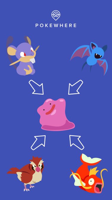 PokewhereGO's tweet image. Confirmed Pokemons that turn into Ditto after being caught. Tell us how many zubats, rattatas it took for you to get your ditto #PokeWhereGo