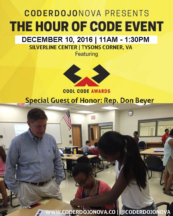 coderdojonova's tweet image. Excited that @RepDonBeyer will join us at #HourofCode event on 12/10. Come and witness as the future being coded. coolcode.co