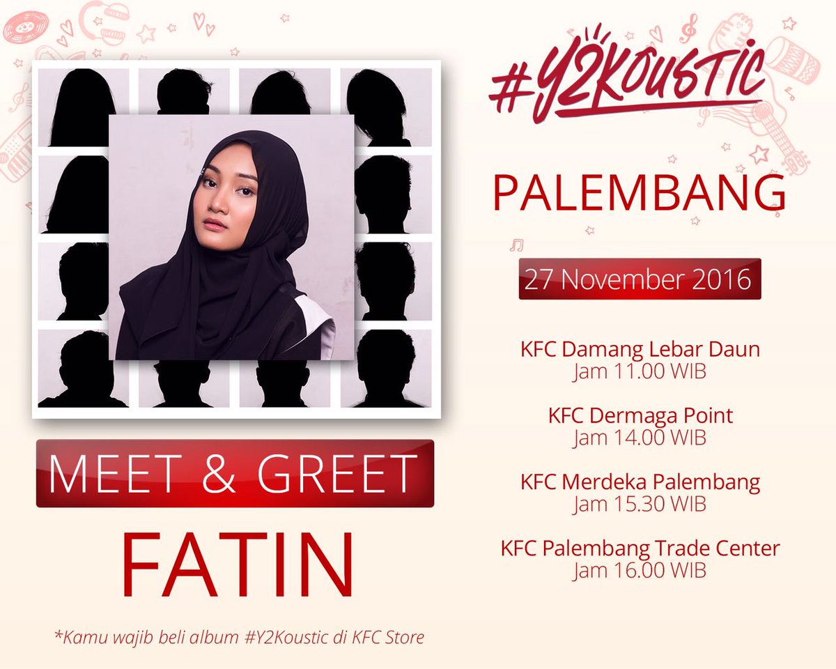 FatinSL's tweet photo. medan &amp; palembang, 

Siap2 kita ketemu di M&amp;G #Y2Koustic @KFCINDONESIA @Jagonya_Musik 

Weekend ini https://t.co/jUd09KwHX1