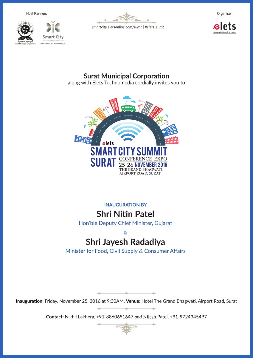 #SuratSmartCity #elets_surat Surat Smart City to hold Smart Cities Summit on 25th and 27th Nov. with India's top organisations. @mnagarajan