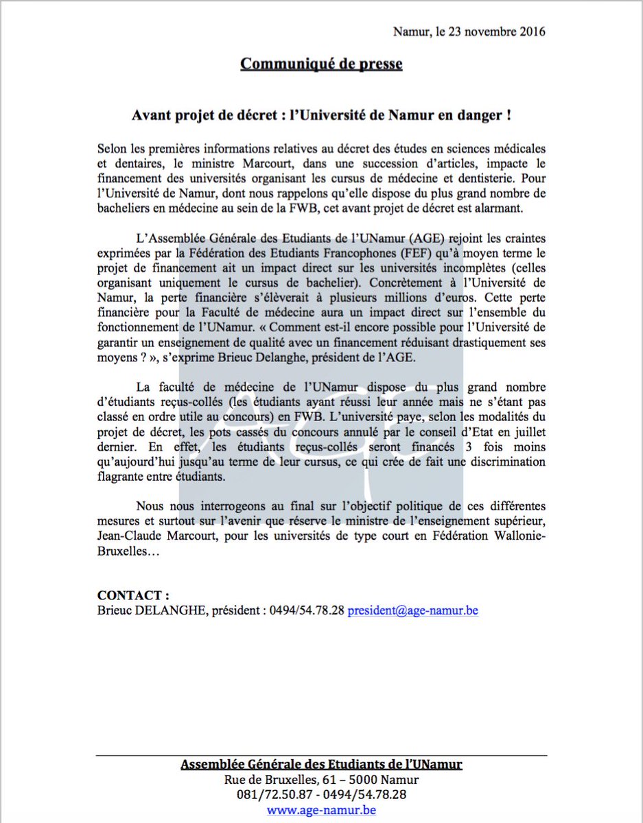 Suite aux récentes informations parues dans la presse concernant le dossier #médecine, l'<a href="/AGENamur/">AGE Namur</a> réagit!
<a href="/UNamur/">UNamur</a> 
@FederationEF