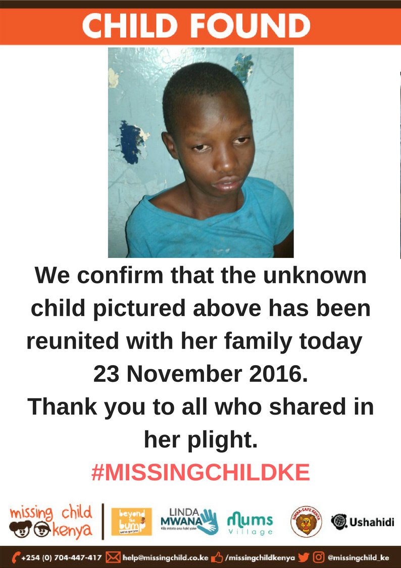missingchild_ke's tweet photo. GOOD NEWS. Unknown &amp; deaf child from Tassia reunited with family. Thank you Embakasi Police Station for keeping her safe. #MissingChildKE https://t.co/qtpO6fsWJE