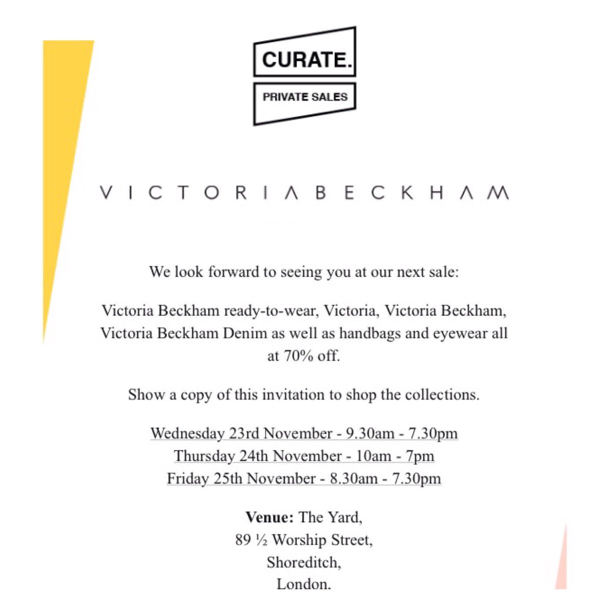 The <a href="/victoriabeckham/">Victoria Beckham</a> #samplesale starts today &amp; ends Friday 25 November.
Register via the link to attend!
curate-sales.com