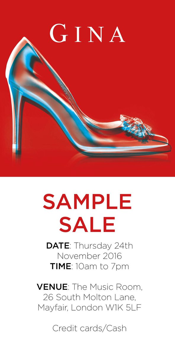 Don't miss <a href="/ginashoes/">GINA</a> #samplesale tomorrow!
Venue: <a href="/TheMusicRoomW1/">The Music Room Mayfair</a> 
Time: 10am - 7pm