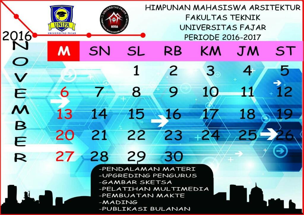 Assalamualaikum wr wb.

Program kerja BE HMA FT-UNIFA  yg insyaallah akan dilaksanakan pada bulan november.

Assalamualaikum wr wb.