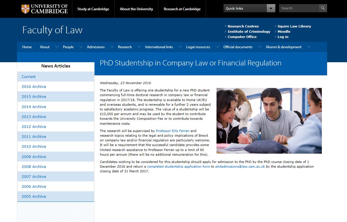cambridgelaw's tweet image. Open for applications - PhD in topics relating to implications of Brexit on company law and/or financial regulation: bit.ly/2fR3Wmr