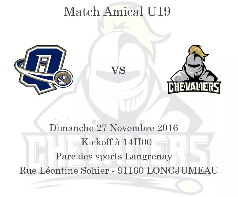 1er match (amical) de la saison pour nos U19 ce weekend, avec un déplacement des jeunes <a href="/ChevaliersOrl/">Chevaliers d'Orléans</a> chez les <a href="/QuarksFootball/">Quarks Football</a> !