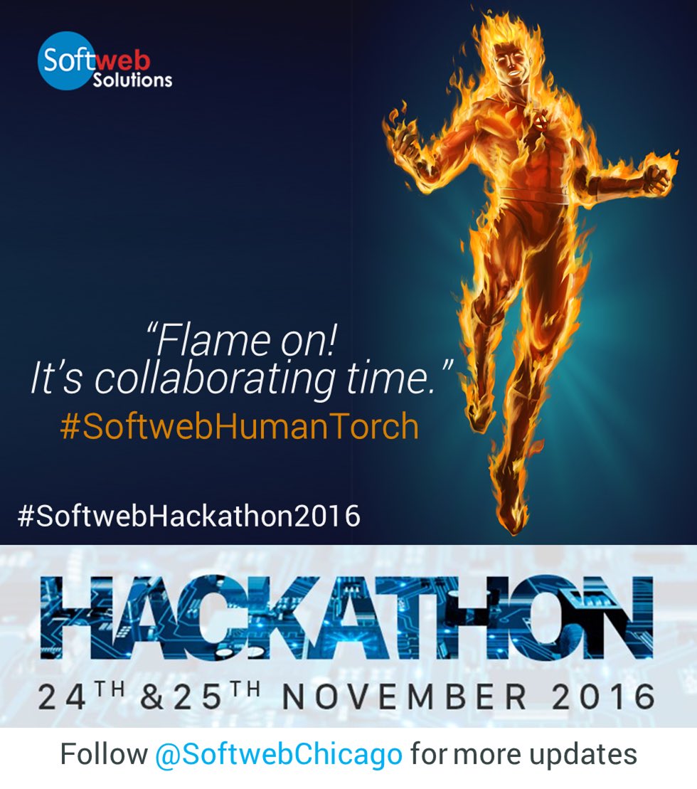 ImAjaykumar's tweet image. Stay tuned 4 updates on #SoftwebHumanTorch&apos;s 24 hrs challenge of enhancing few #Microsoft products at #SoftwebHackathon2016 @softwebchicago