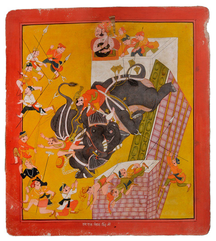 OlympiaAuctions's tweet photo. An elephant fight, 18th century, Mewar, Rajasthan, gouache on paper just sold £14000 #matthewbarton #arthurmillner https://t.co/tSMqjVQ2WA