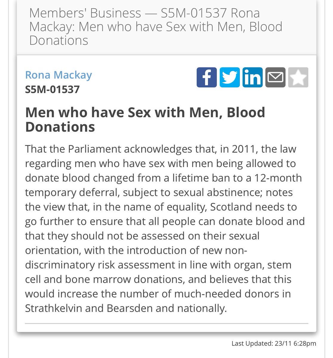 RonaMackaySNP's tweet photo. My "Men who have sex with men, blood donations" motion will be debated on Tue 29Nov after decision time. @StonewallScot @LGBTIScotland https://t.co/37qv87QCPj