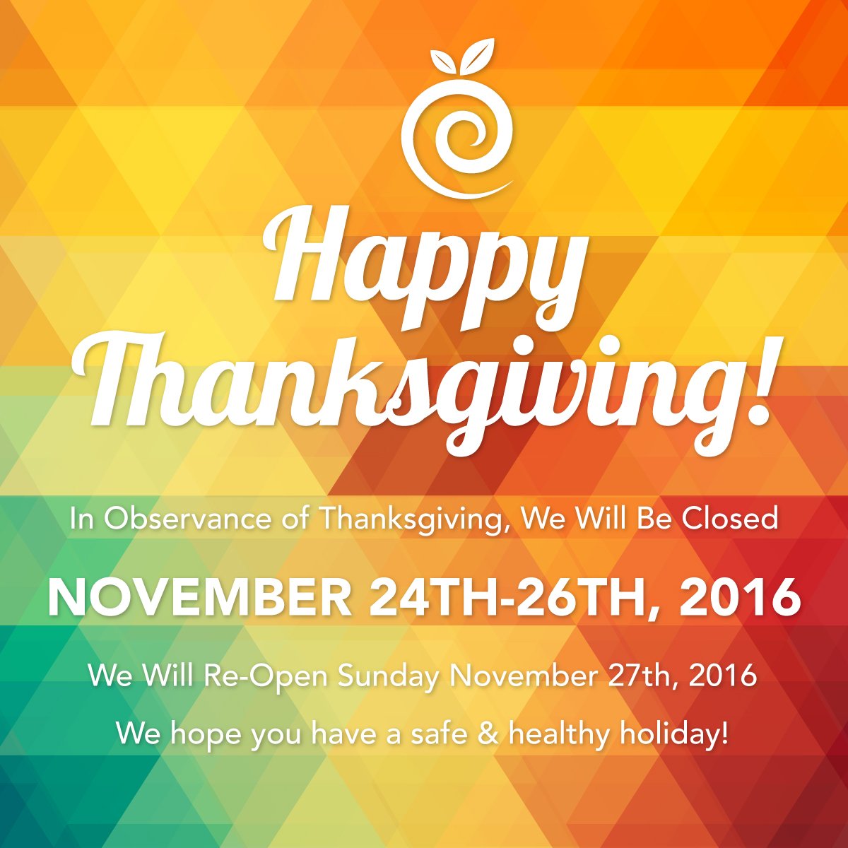 JuicePapiDelray's tweet photo. In observance of Thanksgiving we will be closed 11/24-11/26. We hope you and your family have a safe &amp; healthy holiday! https://t.co/X7zR58UFMA